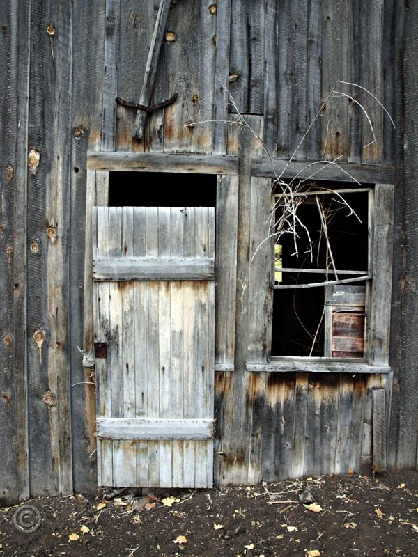 V-door1046.jpg - Cabin detail. Original handmade door now used to keep the calves from jumping out the window.